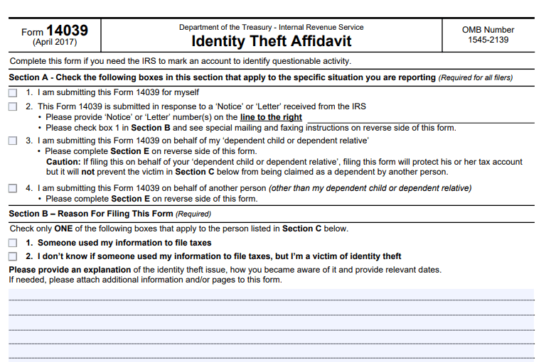 IRS Form 14039 Identity Theft Affidavit