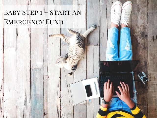 Dave Ramsey Baby Step 1 Start an Emergency Fund with lady in yellow and black shirt making list of debt on laptop