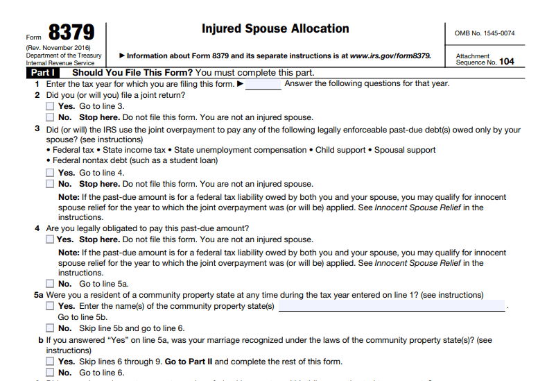 Injured Spouse Allocation Screenshot from IRS