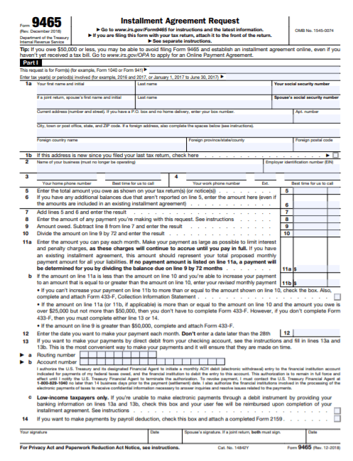 IRS Form 9465 Page One