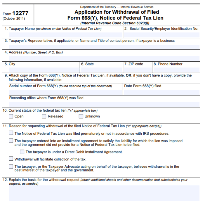 IRS form 1277 Federal Tax Lien