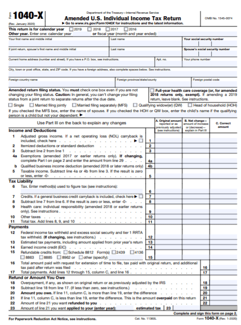 Page one 1040x Amended Return