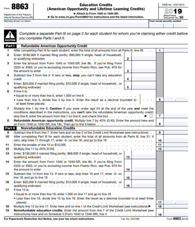 IRS Form 8863 PDF Page One of Two