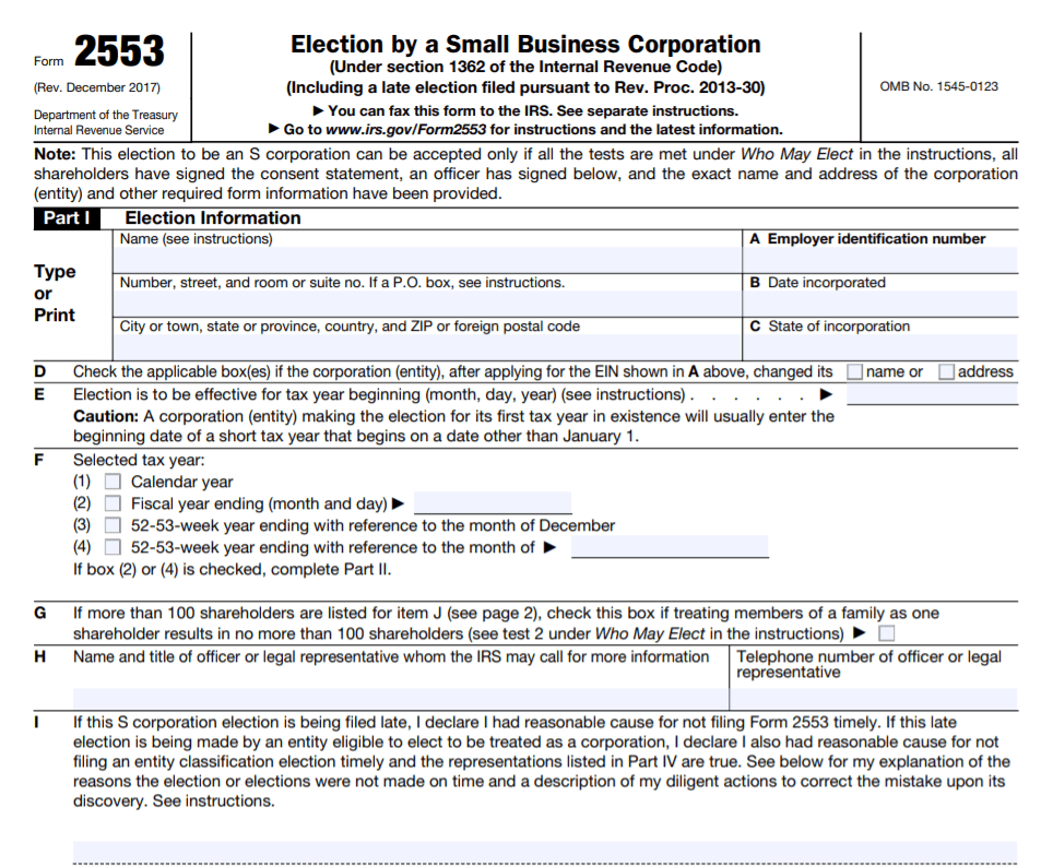 Sample portion of IRS Form 2553