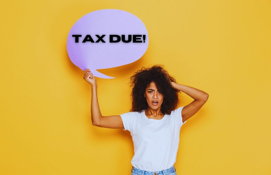 TAX DUE with Black lady with shocked face What to Bring to Tax Appointment