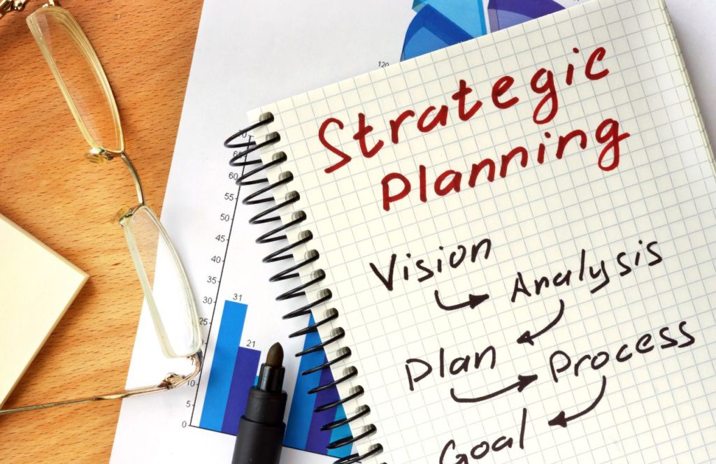 notepad with strategic planning vision analysis and process written on it