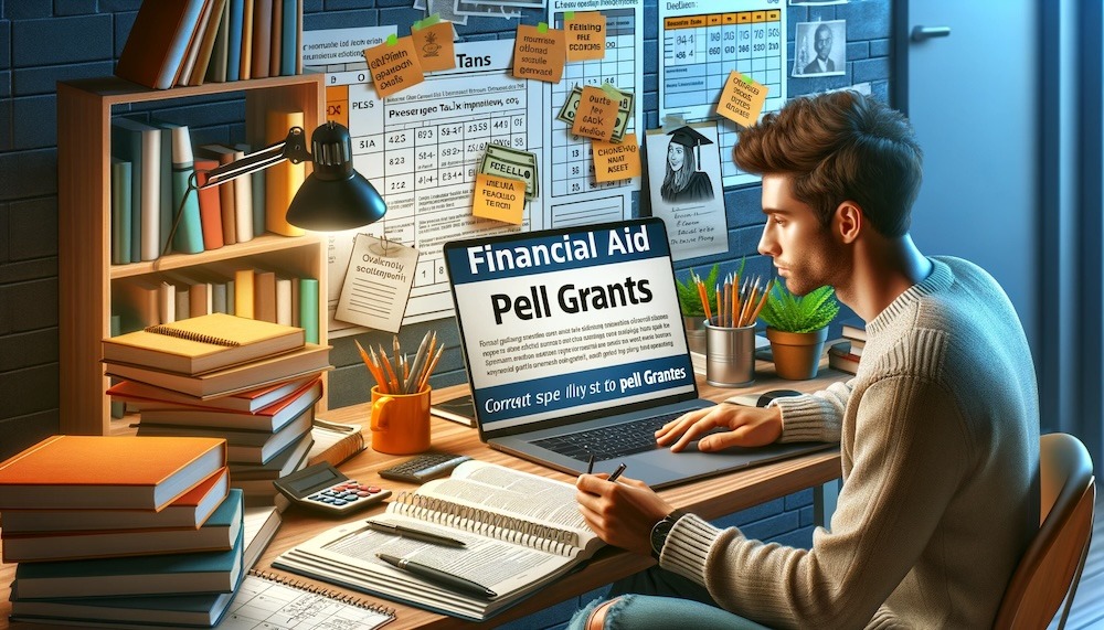 Image of a student researching in a study area, with financial aid documents and a laptop displaying Pell Grants information. The scene includes books and notes related to Pell Grants, emphasizing their tax implications. A calendar marking tax season dates is visible, reflecting the theme of understanding financial aid and tax regulations.
