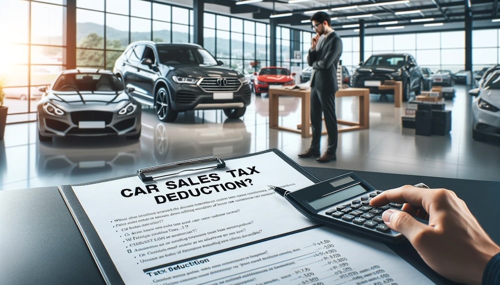 Thoughtful individual calculating sales tax in a car dealership, with a document titled 'Car Sales Tax Deduction?' in the foreground, highlighting factors affecting tax deductibility, symbolizing informed financial decision-making in car purchases.